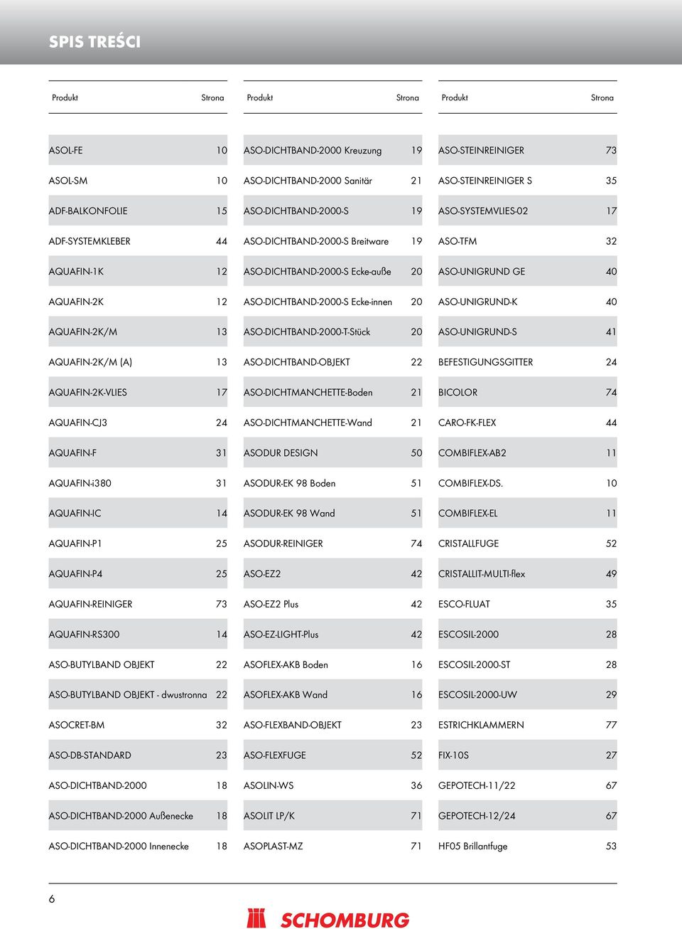 ASO-DICHTBAND-2000-S Ecke-innen 20 ASO-UNIGRUND-K 40 AQUAFIN-2K/M 13 ASO-DICHTBAND-2000-T-Stück 20 ASO-UNIGRUND-S 41 AQUAFIN-2K/M (A) 13 ASO-DICHTBAND-OBJEKT 22 BEFESTIGUNGSGITTER 24 AQUAFIN-2K-VLIES