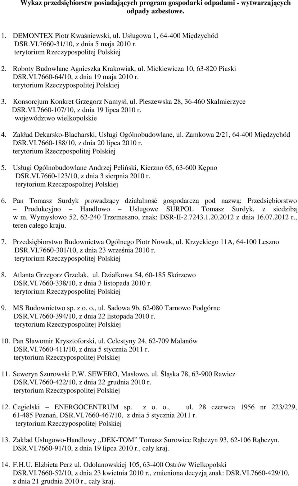 terytorium Rzeczypospolitej Polskiej 3. Konsorcjum Konkret Grzegorz Namysł, ul. Pleszewska 28, 36-460 Skalmierzyce DSR.VI.7660-107/10, z dnia 19 lipca 2010 r. województwo wielkopolskie 4.