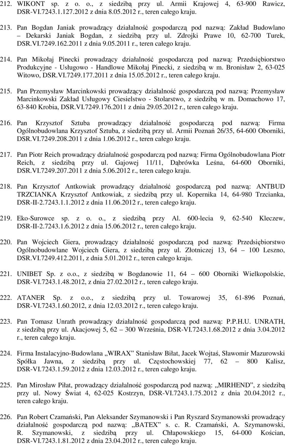 , teren całego kraju. 214. Pan Mikołaj Pinecki prowadzący działalność gospodarczą pod nazwą: Przedsiębiorstwo Produkcyjne - Usługowo - Handlowe Mikołaj Pinecki, z siedzibą w m.