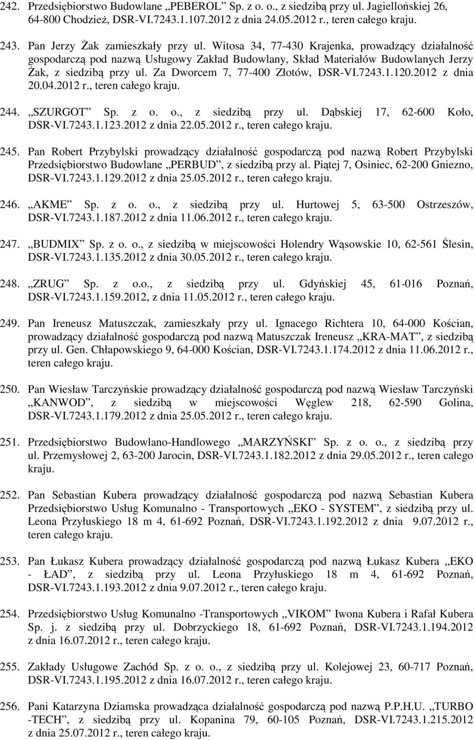 Za Dworcem 7, 77-400 Złotów, DSR-VI.7243.1.120.2012 z dnia 20.04.2012 r., teren całego kraju. 244. SZURGOT Sp. z o. o., z siedzibą przy ul. Dąbskiej 17, 62-600 Koło, DSR-VI.7243.1.123.2012 z dnia 22.