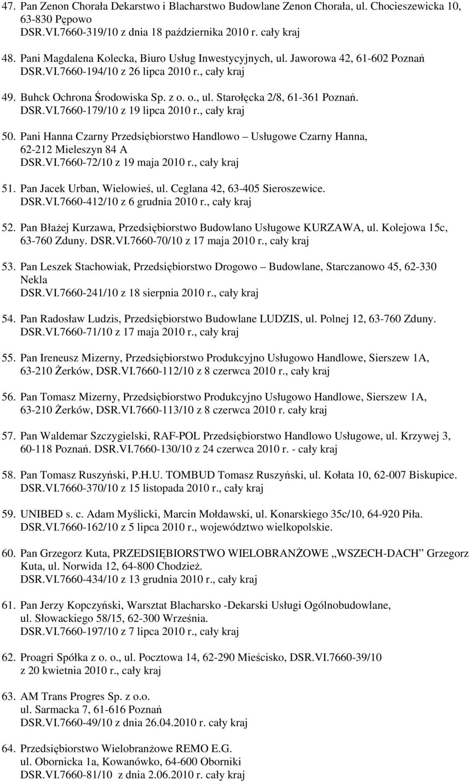 DSR.VI.7660-179/10 z 19 lipca 2010 r., cały kraj 50. Pani Hanna Czarny Przedsiębiorstwo Handlowo Usługowe Czarny Hanna, 62-212 Mieleszyn 84 A DSR.VI.7660-72/10 z 19 maja 2010 r., cały kraj 51.