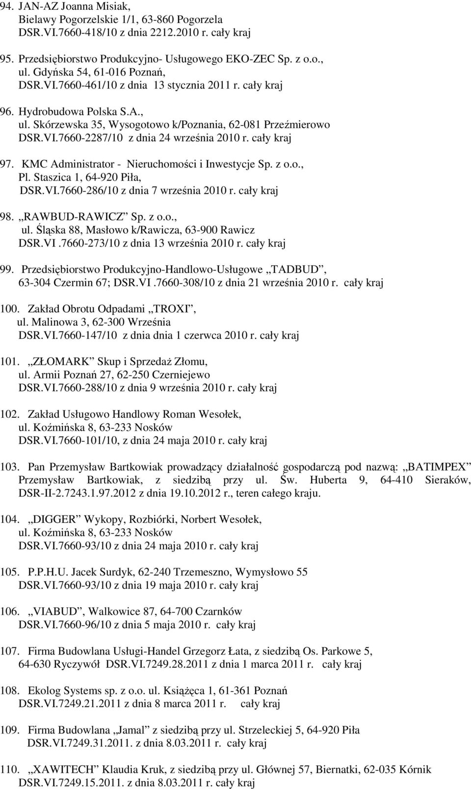 cały kraj 97. KMC Administrator - Nieruchomości i Inwestycje Sp. z o.o., Pl. Staszica 1, 64-920 Piła, DSR.VI.7660-286/10 z dnia 7 września 2010 r. cały kraj 98. RAWBUD-RAWICZ Sp. z o.o., ul.