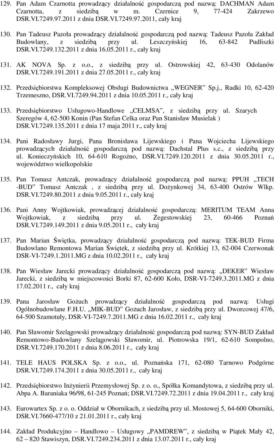 , cały kraj 131. AK NOVA Sp. z o.o., z siedzibą przy ul. Ostrowskiej 42, 63-430 Odolanów DSR.VI.7249.191.2011 z dnia 27.05.2011 r., cały kraj 132.