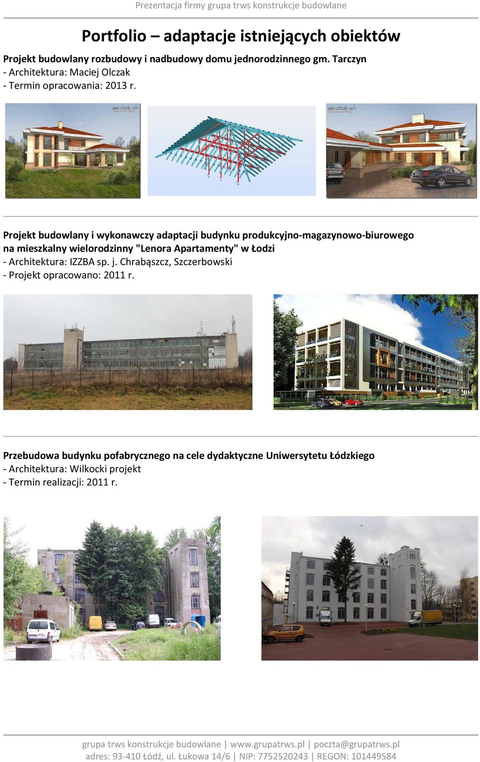 Projekt budowlany i wykonawczy adaptacji budynku produkcyjno-magazynowo-biurowego na mieszkalny wielorodzinny "Lenora Apartamenty" w