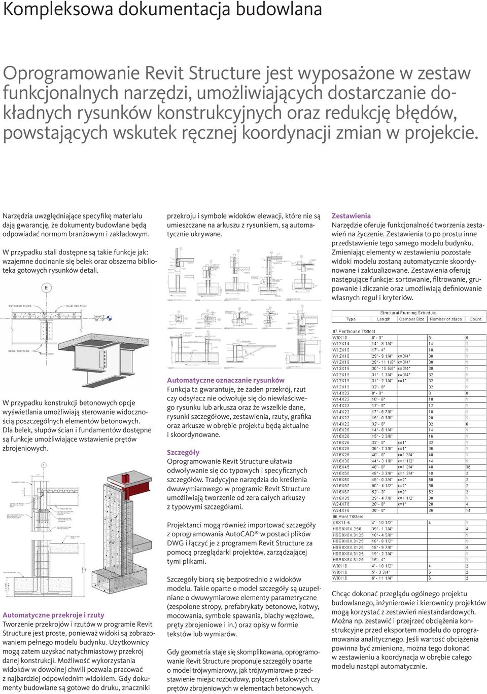 W przypadku stali dostępne są takie funkcje jak: wzajemne docinanie się belek oraz obszerna biblioteka gotowych rysunków detali.