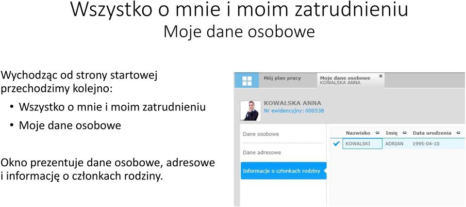 prezentuje dane osobowe, adresowe i informację o