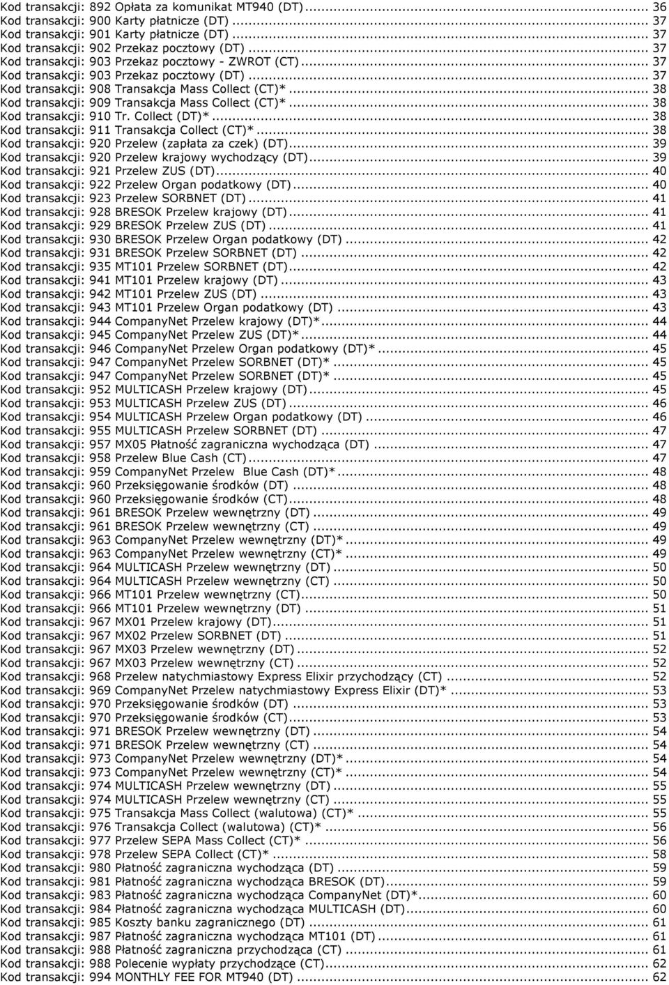 .. 38 Kod transakcji: 909 Transakcja Mass Collect (CT)*... 38 Kod transakcji: 910 Tr. Collect (DT)*... 38 Kod transakcji: 911 Transakcja Collect (CT)*.