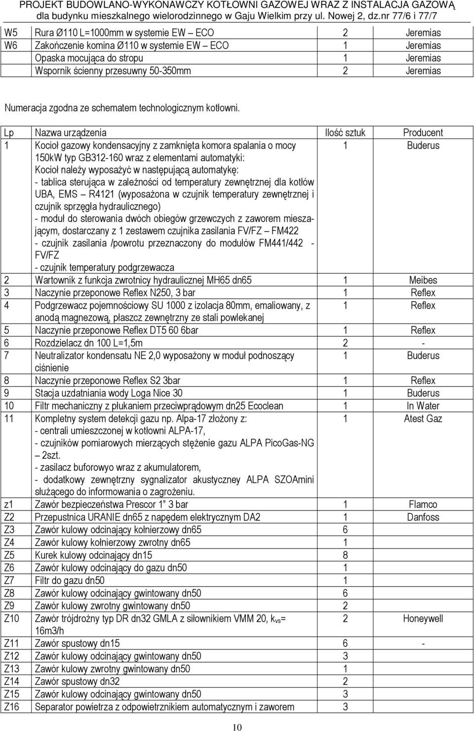 Lp Nazwa urządzenia Ilość sztuk Producent 1 Kocioł gazowy kondensacyjny z zamknięta komora spalania o mocy 1 Buderus 150kW typ GB312-160 wraz z elementami automatyki: Kocioł należy wyposażyć w