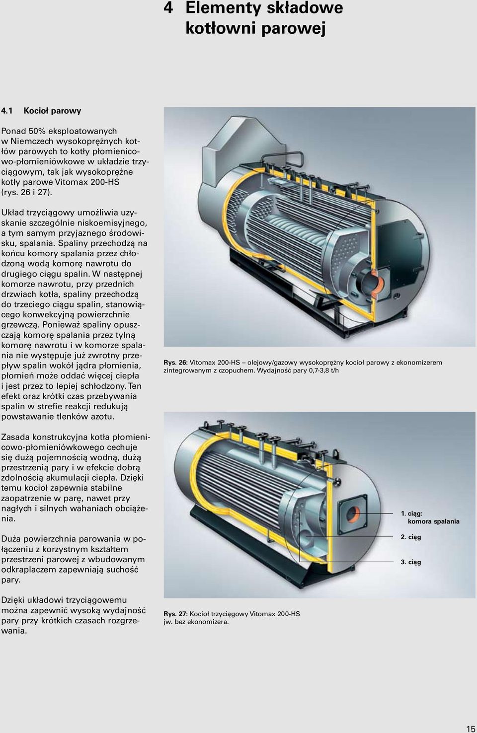 (rys. 26 i 27). Układ trzyciągowy umożliwia uzyskanie szczególnie niskoemisyjnego, a tym samym przyjaznego środowisku, spalania.