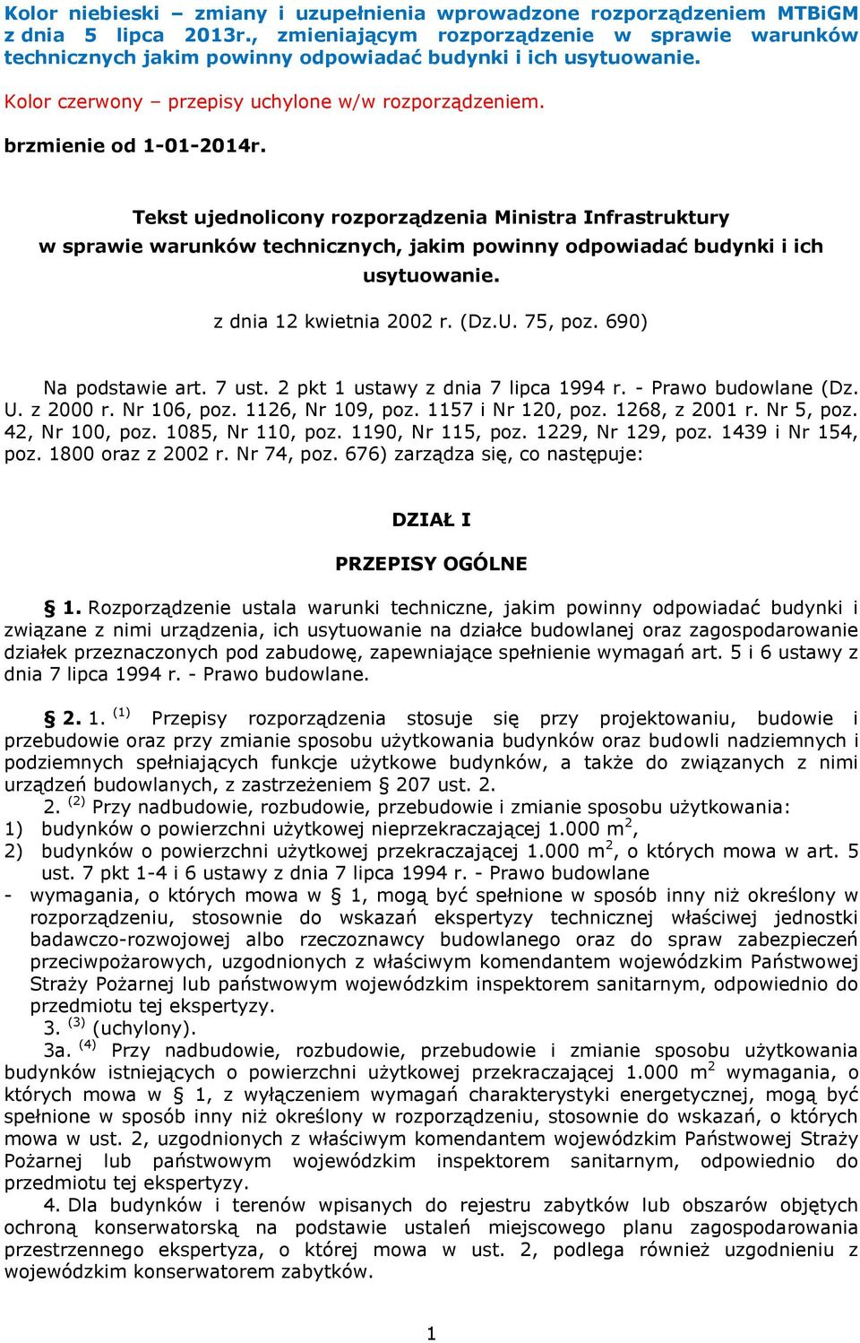 Tekst ujednolicony rozporządzenia Ministra Infrastruktury w sprawie warunków technicznych, jakim powinny odpowiadać budynki i ich usytuowanie. z dnia 12 kwietnia 2002 r. (Dz.U. 75, poz.