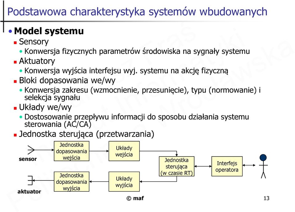 systemu na akcję fizyczną Bloki dopasowania we/wy Konwersja zakresu (wzmocnienie, przesunięcie), typu (normowanie) i selekcja sygnału Układy we/wy