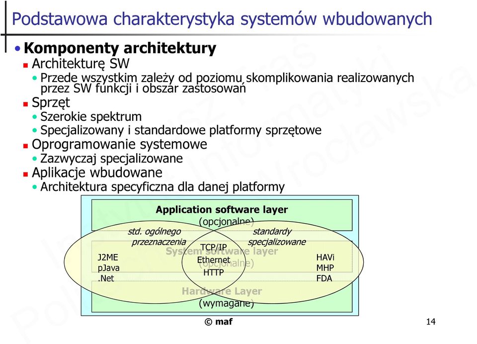 Zazwyczaj specjalizowane Aplikacje wbudowane Architektura specyficzna dla danej platformy J2ME pjava.net Application software layer (opcjonalne) std.