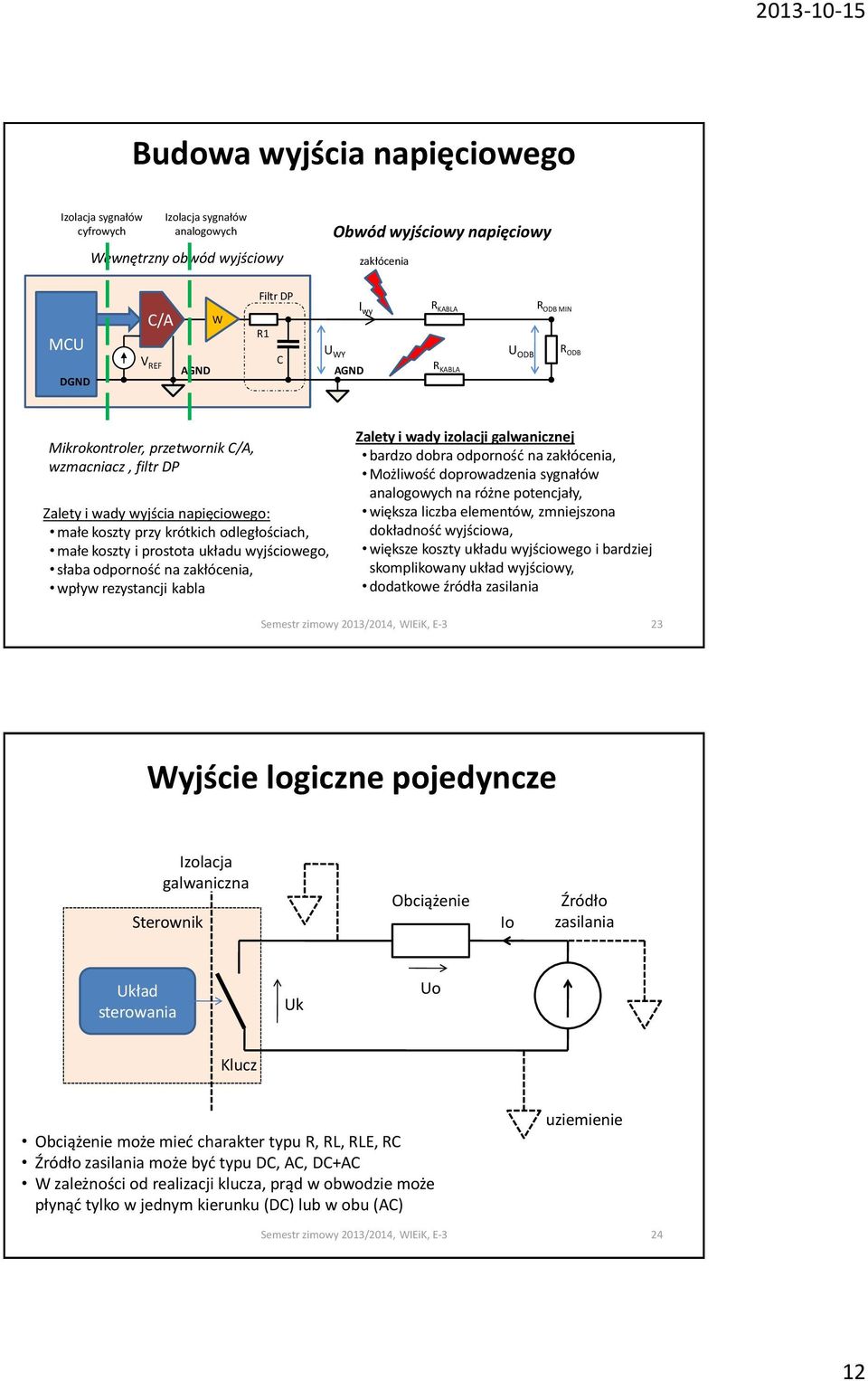 wyjściowego, słaba odporność na zakłócenia, wpływ rezystancji kabla Zalety i wady izolacji galwanicznej bardzo dobra odporność na zakłócenia, Możliwość doprowadzenia sygnałów analogowych na różne