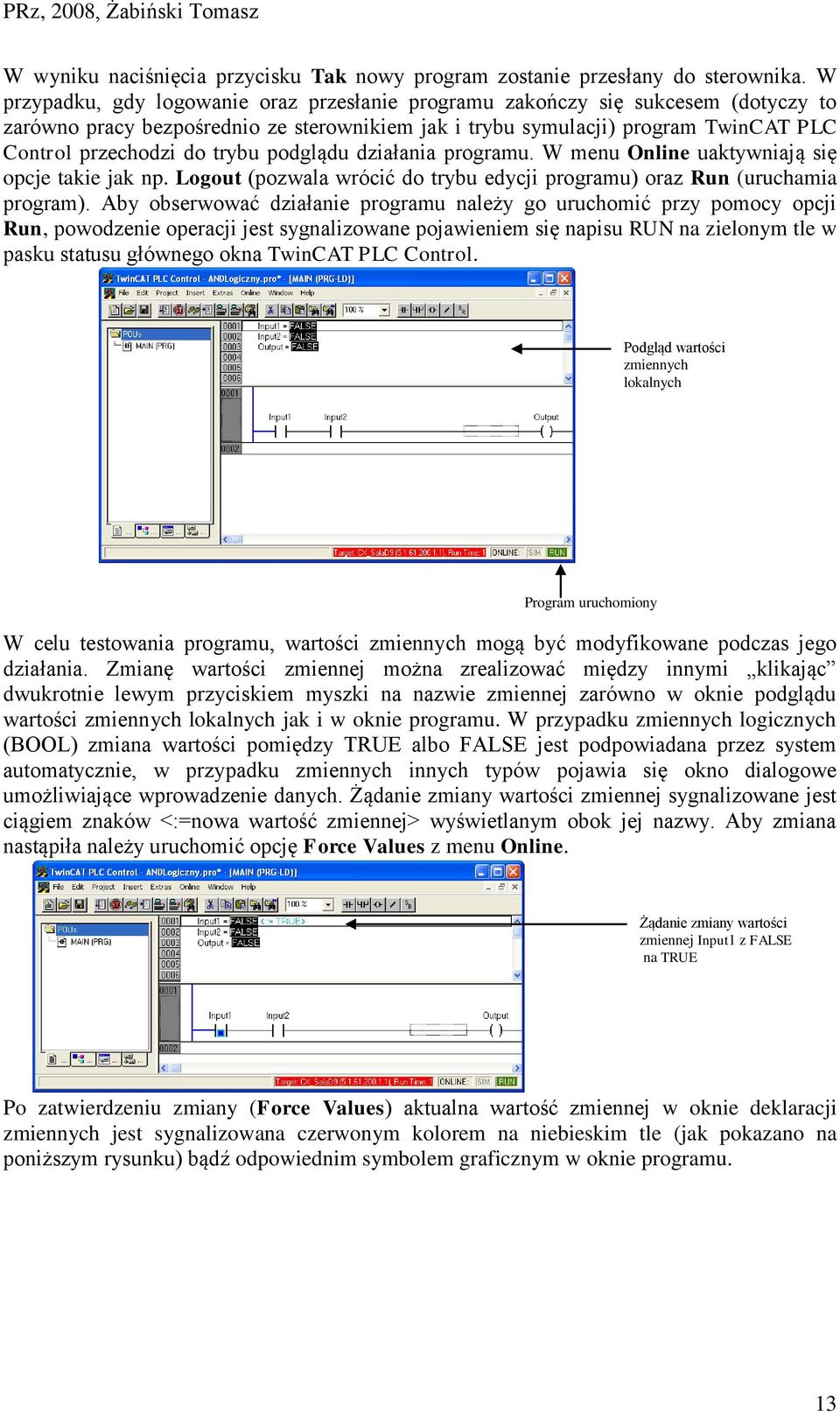 podglądu działania programu. W menu Online uaktywniają się opcje takie jak np. Logout (pozwala wrócić do trybu edycji programu) oraz Run (uruchamia program).