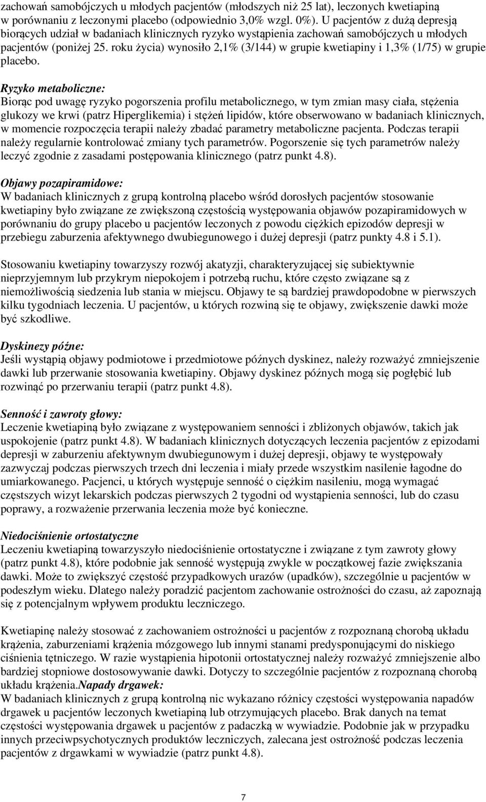 roku życia) wynosiło 2,1% (3/144) w grupie kwetiapiny i 1,3% (1/75) w grupie placebo.