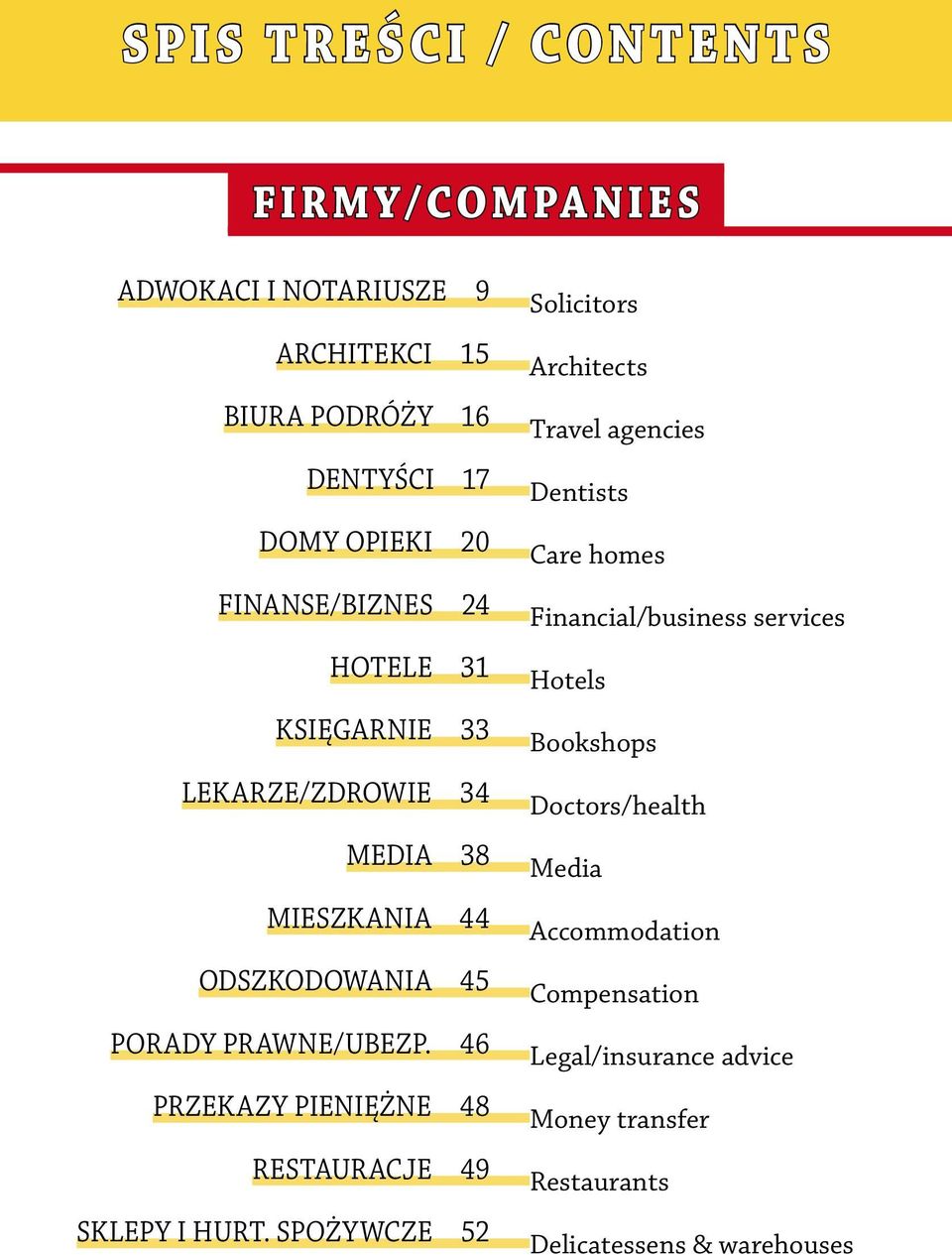 Bookshops Lekarze/zdrowie 34 Doctors/health Media 38 Media Mieszkania 44 Accommodation Odszkodowania 45 Compensation Porady