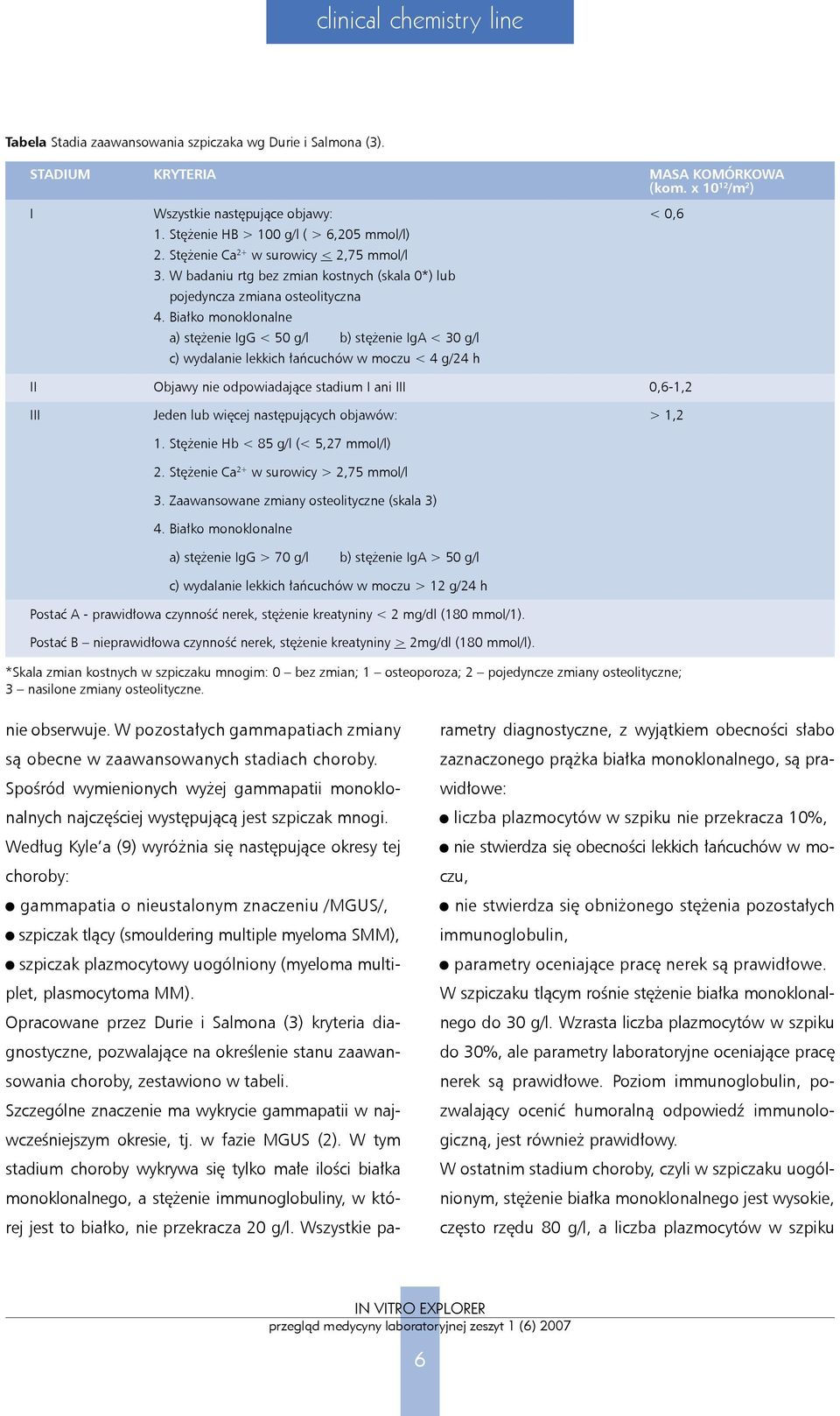 Białko monoklonalne a) stężenie IgG < 50 g/l b) stężenie IgA < 30 g/l c) wydalanie lekkich łańcuchów w moczu < 4 g/24 h II Objawy nie odpowiadające stadium I ani III 0,6-1,2 III Jeden lub więcej