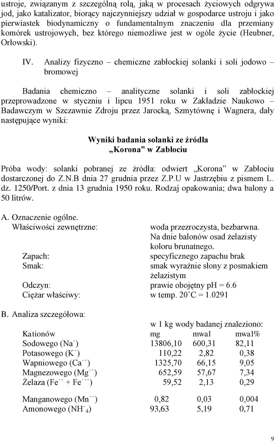 Analizy fizyczno chemiczne zabłockiej solanki i soli jodowo bromowej Badania chemiczno analityczne solanki i soli zabłockiej przeprowadzone w styczniu i lipcu 1951 roku w Zakładzie Naukowo Badawczym