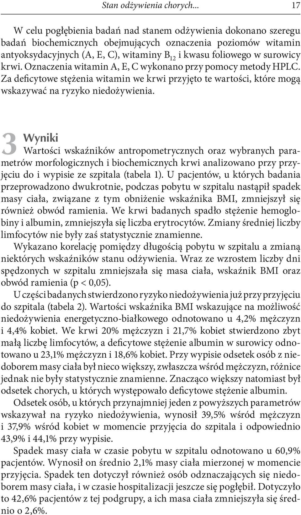 surowicy krwi. Oznaczenia witamin A, E, C wykonano przy pomocy metody HPLC. Za deficytowe stężenia witamin we krwi przyjęto te wartości, które mogą wskazywać na ryzyko niedożywienia.