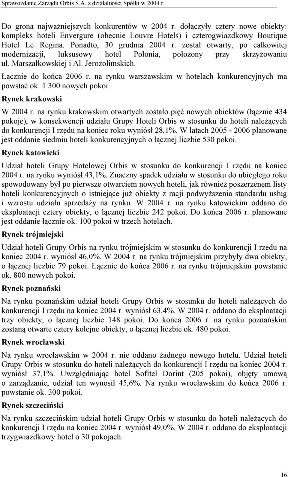 na rynku warszawskim w hotelach konkurencyjnych ma powstać ok. 1 300 nowych pokoi. Rynek krakowski W 2004 r.
