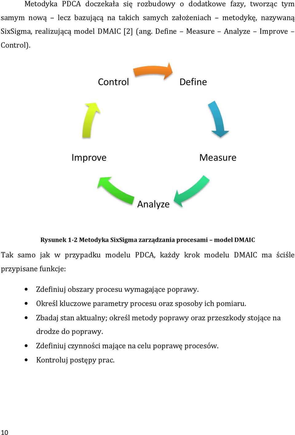 Control Define Improve Measure Analyze Rysunek 1-2 Metodyka SixSigma zarządzania procesami model DMAIC Tak samo jak w przypadku modelu PDCA, każdy krok modelu DMAIC ma