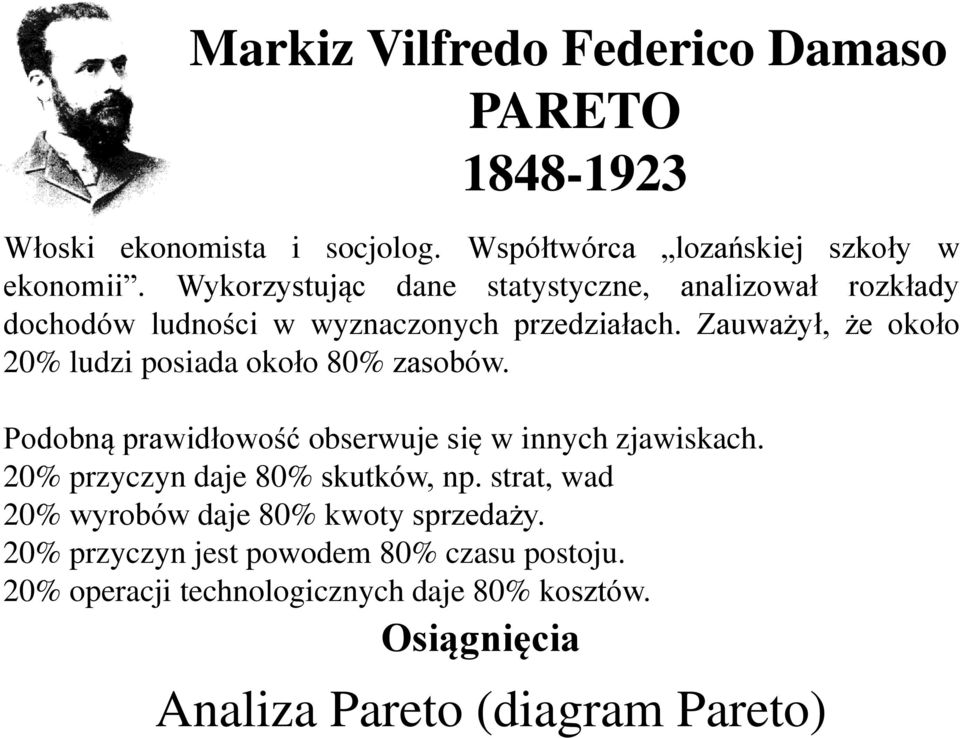 Zauważył, że około 20% ludzi posiada około 80% zasobów. Podobną prawidłowość obserwuje się w innych zjawiskach.