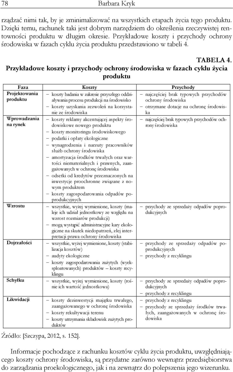 Przykładowe koszty i przychody ochrony środowiska w fazach cyklu życia produktu przedstawiono w tabeli 4. TABELA 4.