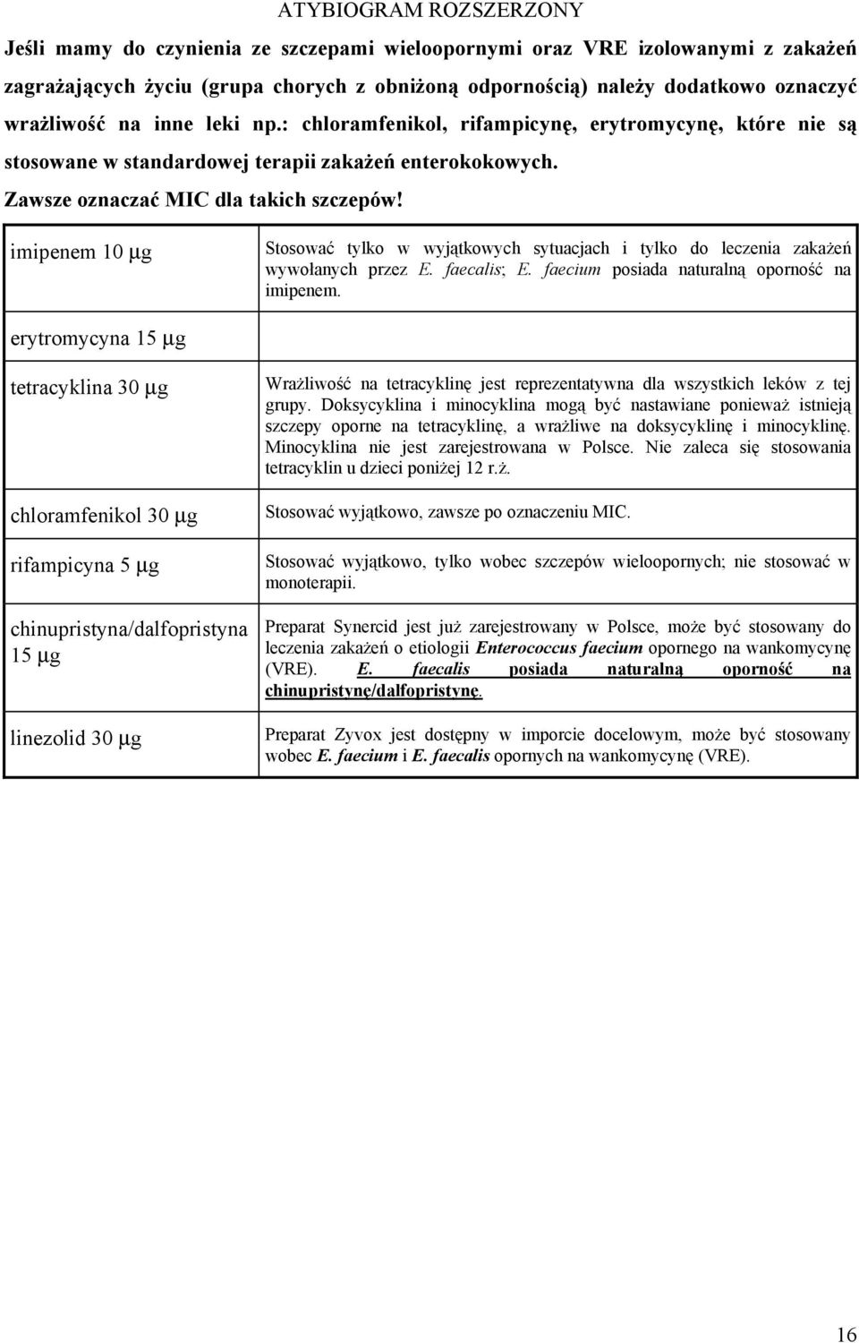 imipenem 10 µg Stosować tylko w wyjątkowych sytuacjach i tylko do leczenia zakażeń wywołanych przez E. faecalis; E. faecium posiada naturalną oporność na imipenem.