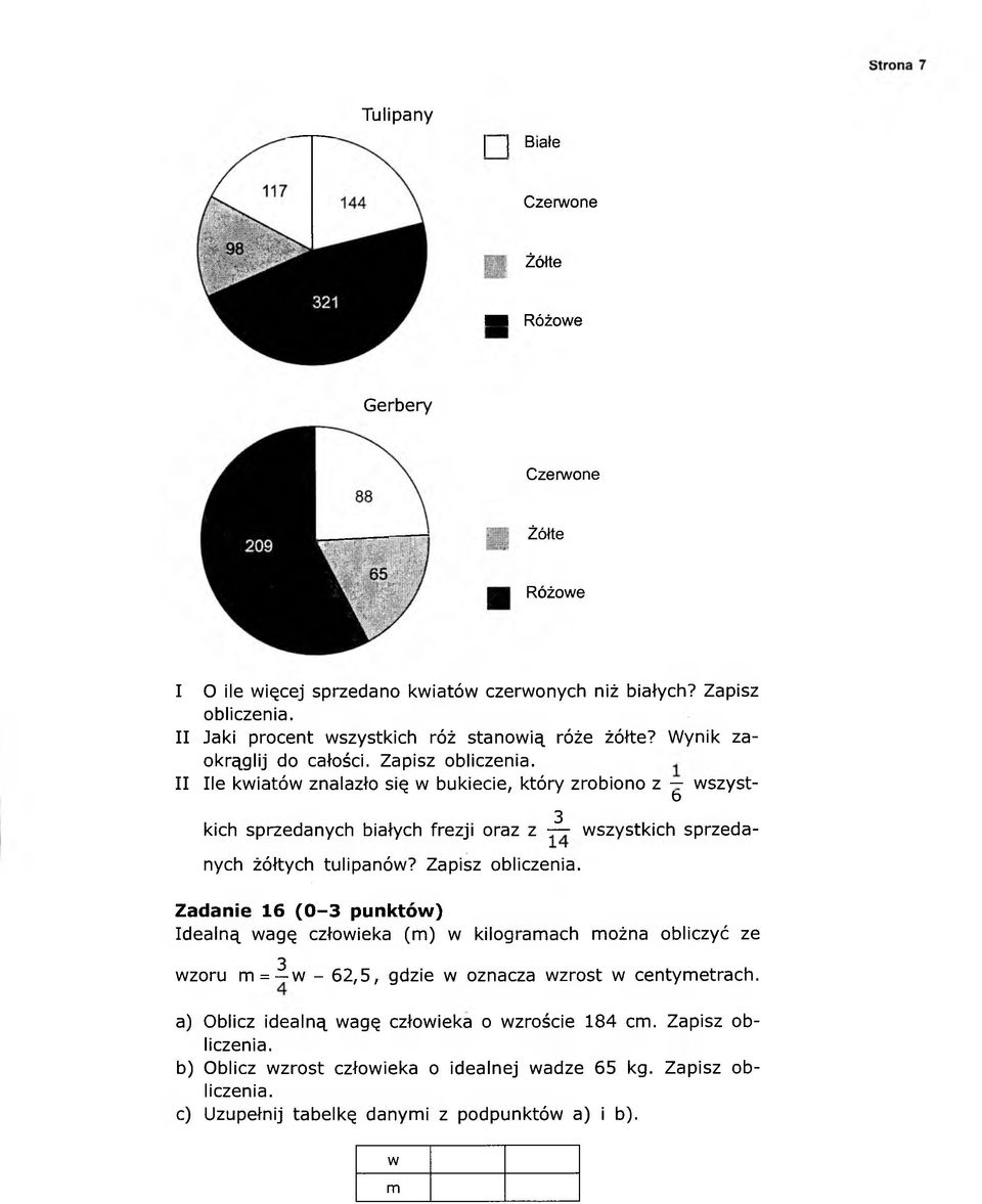 II Ile kwiatów znalazło się w bukiecie, który zrobiono z wszystb 3 kich sprzedanych białych frezji oraz z wszystkich sprzedanych żółtych tulipanów? Zapisz obliczenia.