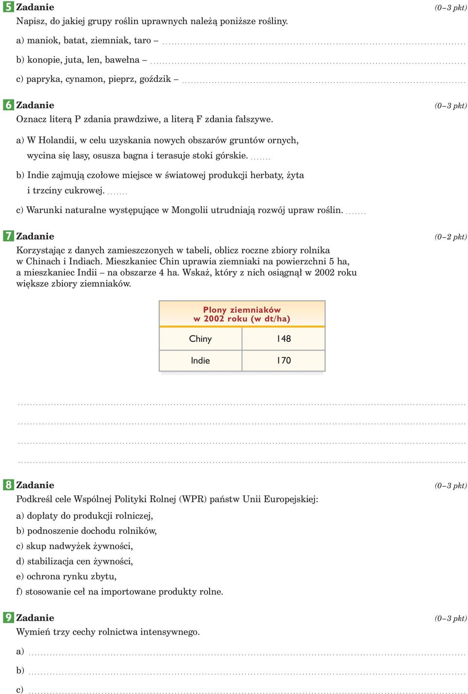 ... b) Indie zajmujà czo owe miejsce w Êwiatowej produkcji herbaty, yta i trzciny cukrowej.... c) Warunki naturalne wyst pujàce w Mongolii utrudniajà rozwój upraw roêlin.