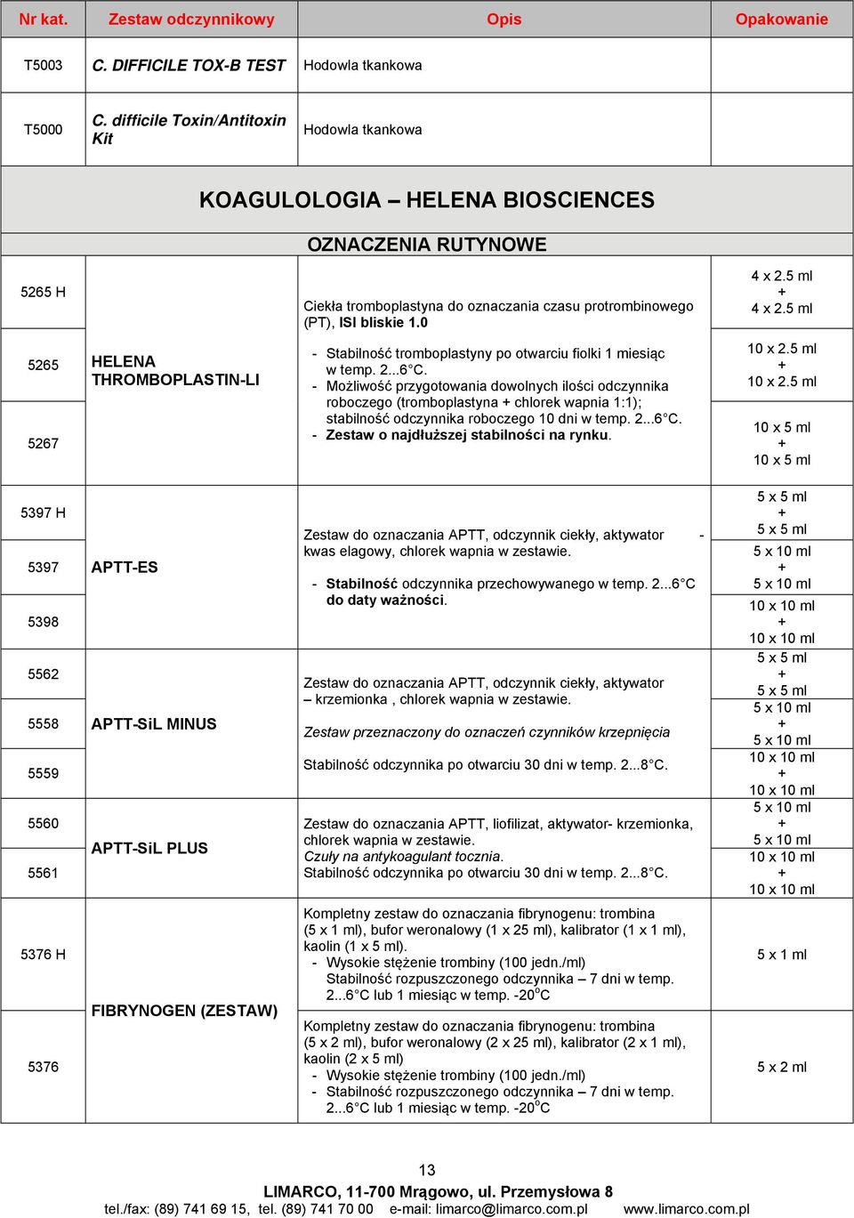 5 ml + 4 x 2.5 ml 5265 5267 HELENA THROMBOPLASTIN-LI - Stabilność tromboplastyny po otwarciu fiolki 1 miesiąc w temp. 2...6 C.