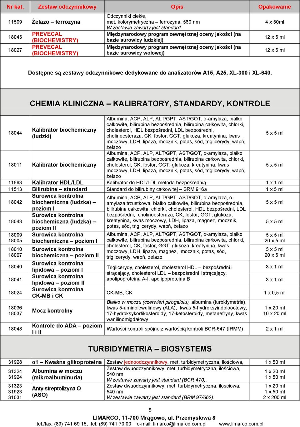 12 x 5 ml 12 x 5 ml Dostępne są zestawy odczynnikowe dedykowane do analizatorów A15, A25, XL-300 i XL-640.