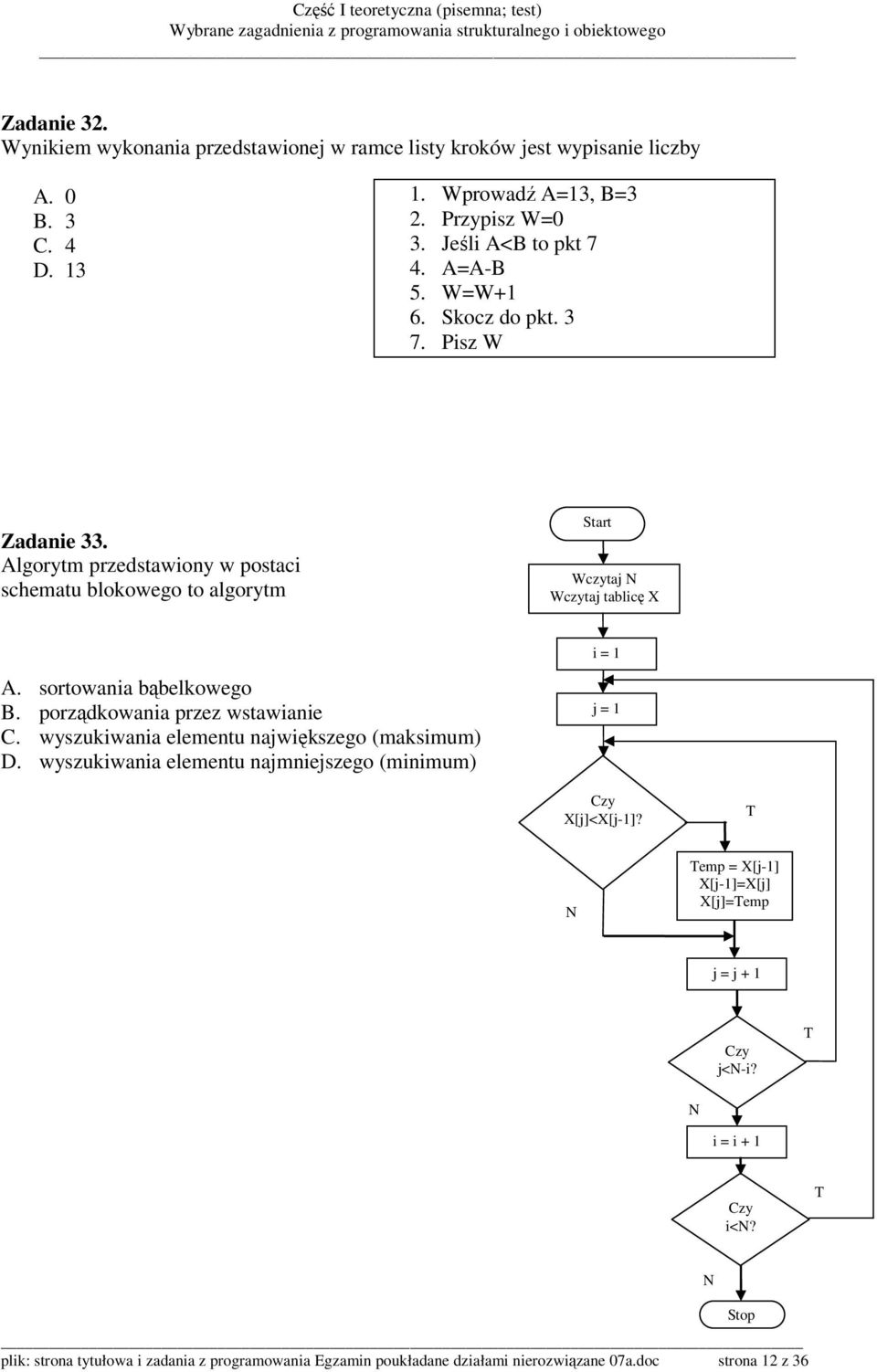 sortowania bąbelkowego B. porządkowania przez wstawianie C. wyszukiwania elementu największego (maksimum) D. wyszukiwania elementu najmniejszego (minimum) j = 1 Czy X[j]<X[j-1]?