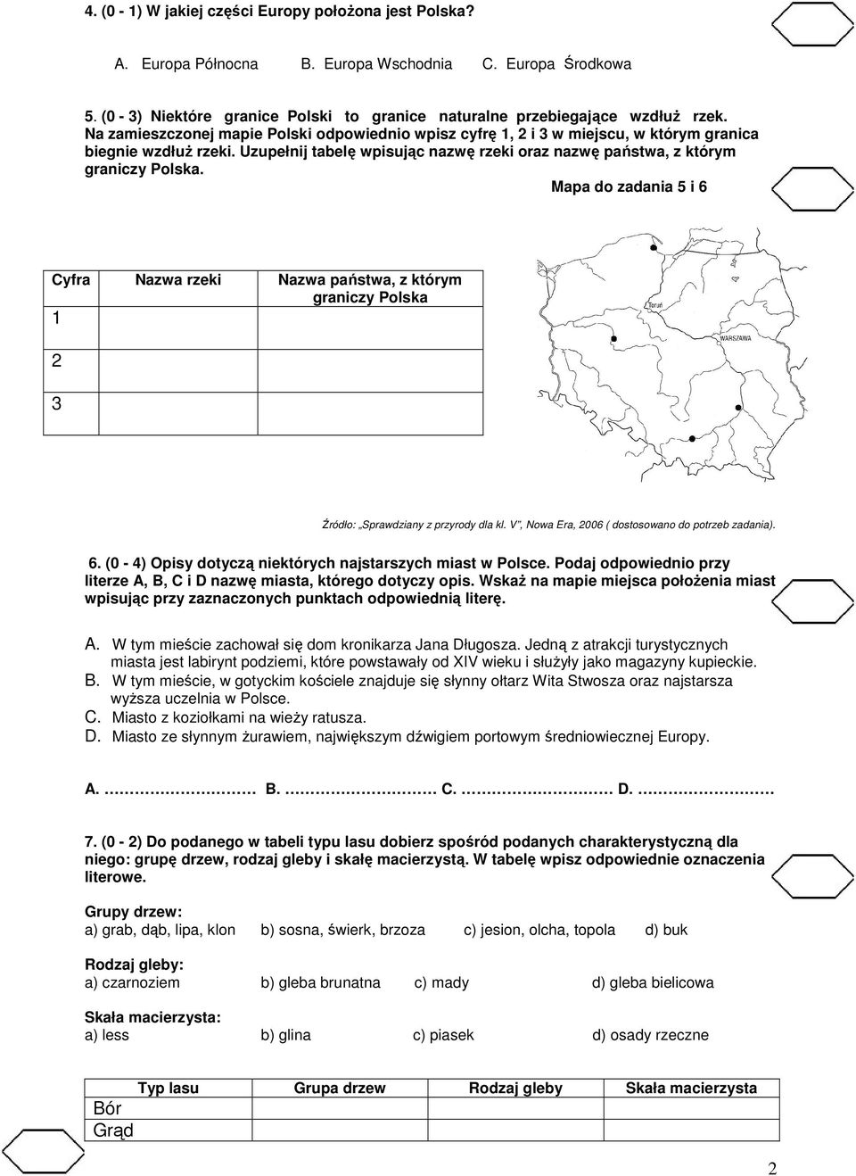 Mapa do zadania 5 i 6 Cyfra Nazwa rzeki Nazwa państwa, z którym graniczy Polska 1 2 3 Źródło: Sprawdziany z przyrody dla kl. V, Nowa Era, 2006 ( dostosowano do potrzeb zadania). 6. (0-4) Opisy dotyczą niektórych najstarszych miast w Polsce.