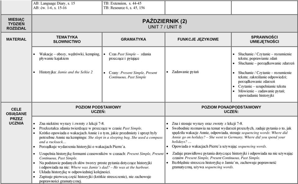 Historyjka: Jamie and the Selkie 2 Czasy: Present Simple, Present Continuous, Past Simple Zadawanie pytań tekstu; zakreślanie odpowiedzi; porządkowanie zdarzeń Czytanie uzupełnianie tekstu Mówienie