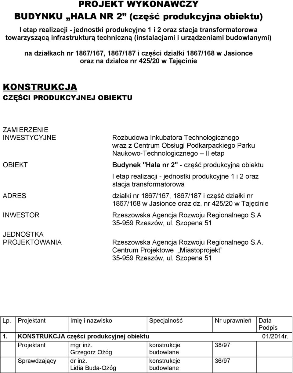 PROJKTOWNI Rozbudowa Inkubatora Technologicznego wraz z entrum Obsługi Podkarpackiego Parku NaukowoTechnologicznego II etap udynek "ala nr 2" część produkcyjna obiektu I etap realizacji jednostki