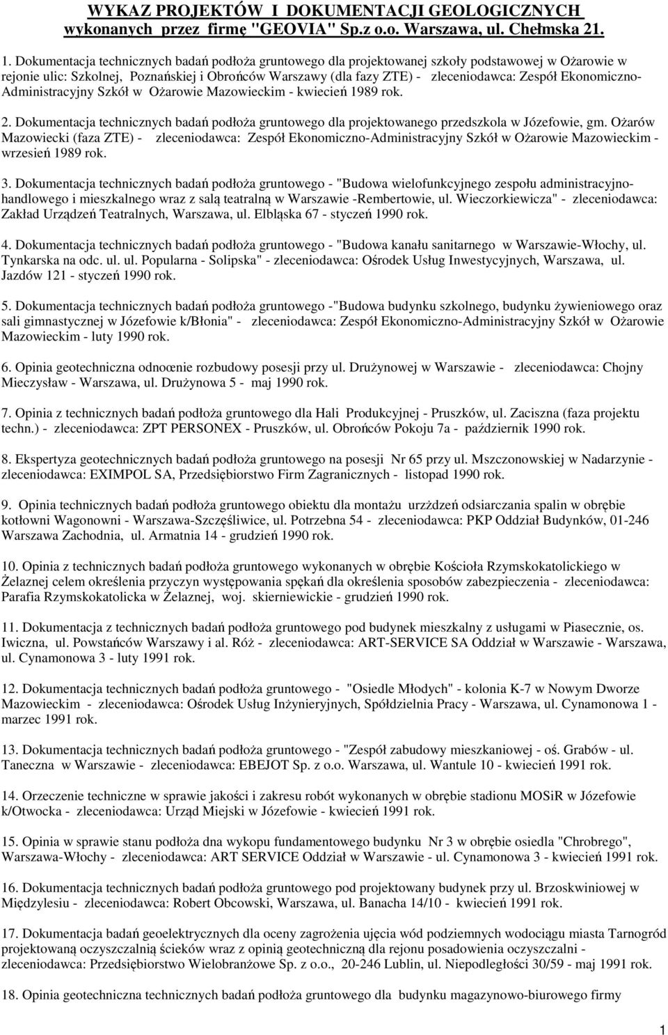 Ekonomiczno- Administracyjny Szkół w Ożarowie Mazowieckim - kwiecień 1989 2. Dokumentacja technicznych badań podłoża gruntowego dla projektowanego przedszkola w Józefowie, gm.