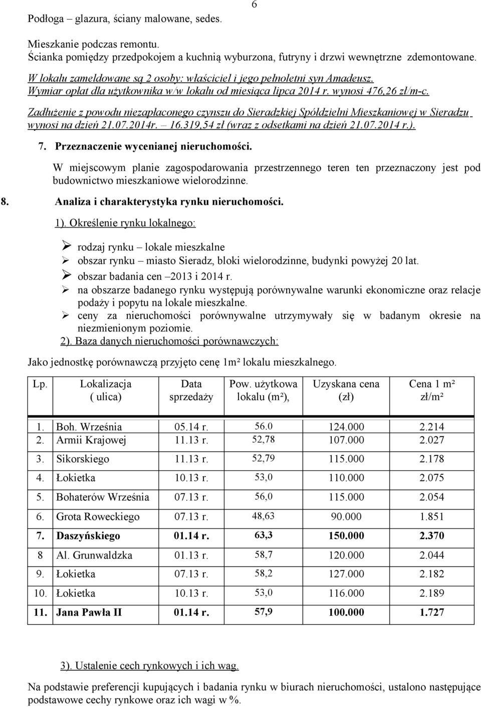 Zadłużenie z powodu niezapłaconego czynszu do Sieradzkiej Spółdzielni Mieszkaniowej w Sieradzu wynosi na dzień 21.07.2014r. 16.319,54 zł (wraz z odsetkami na dzień 21.07.2014 r.). 7.