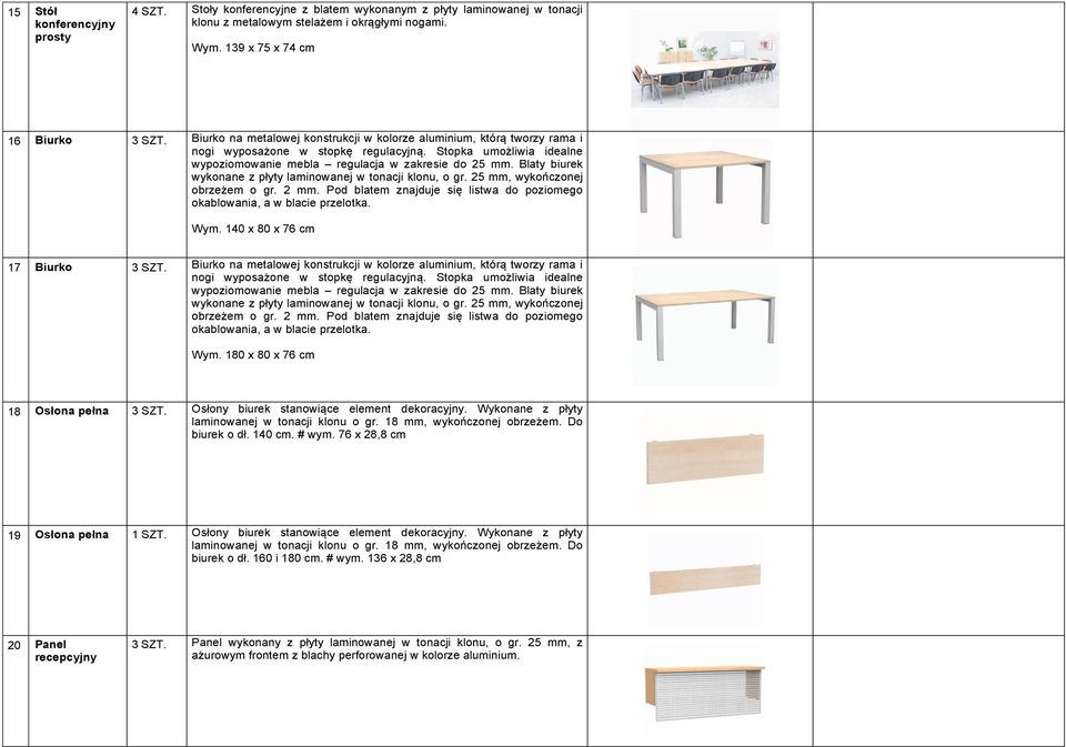 Blaty biurek wykonane z płyty laminowanej w tonacji klonu, o gr. 25 mm, wykończonej obrzeżem o gr. 2 mm. Pod blatem znajduje się listwa do poziomego okablowania, a w blacie przelotka. Wym.