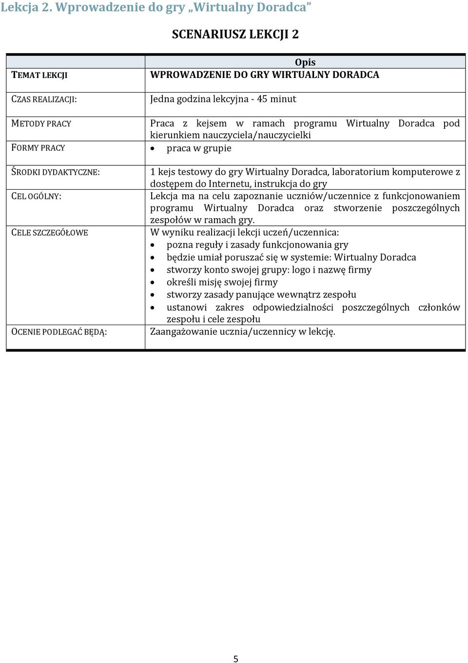 ramach programu Wirtualny Doradca pod kierunkiem nauczyciela/nauczycielki FORMY PRACY praca w grupie ŚRODKI DYDAKTYCZNE: CEL OGÓLNY: CELE SZCZEGÓŁOWE OCENIE PODLEGAĆ BĘDĄ: 1 kejs testowy do gry