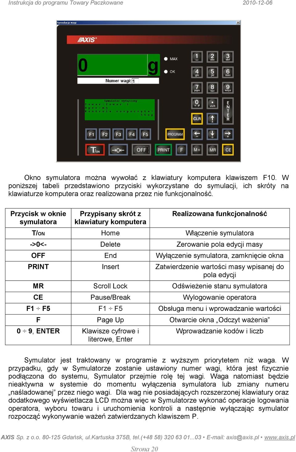 Przycisk w oknie symulatora Przypisany skrót z klawiatury komputera Realizowana funkcjonalność T/ON Home Włączenie symulatora ->0<- Delete Zerowanie pola edycji masy OFF End Wyłączenie symulatora,