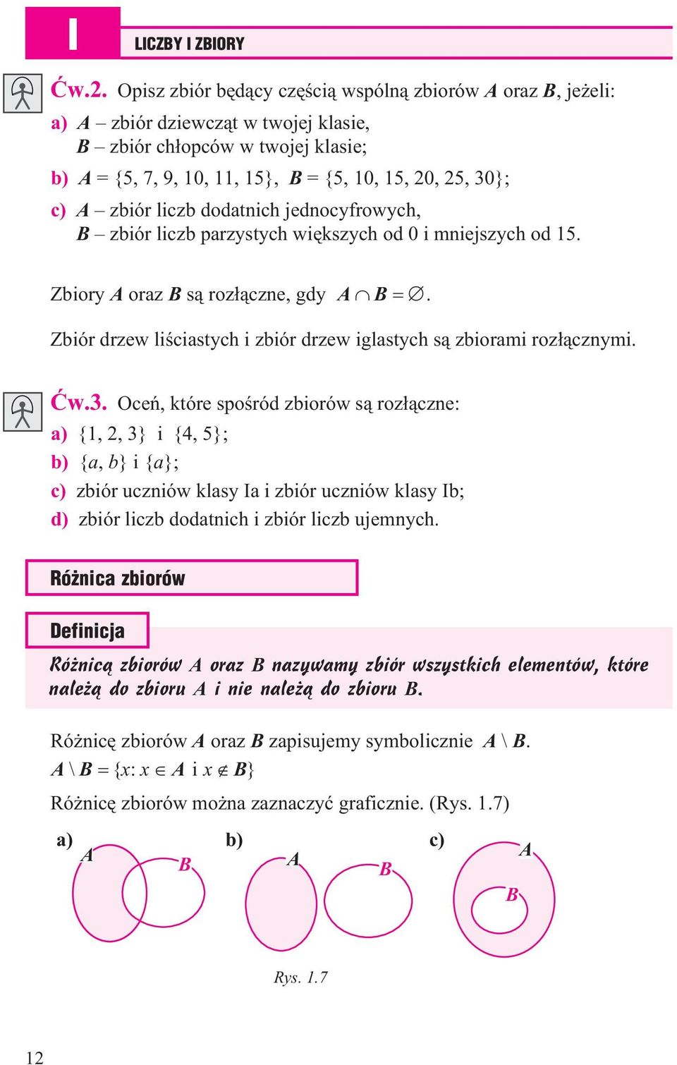 dodatnich jednocyfrowych, zbiór liczb parzystych wiêkszych od 0 i mniejszych od 15. Zbiory oraz s¹ roz³¹czne, gdy. Zbiór drzew liœciastych i zbiór drzew iglastych s¹ zbiorami roz³¹cznymi. Æw.3.