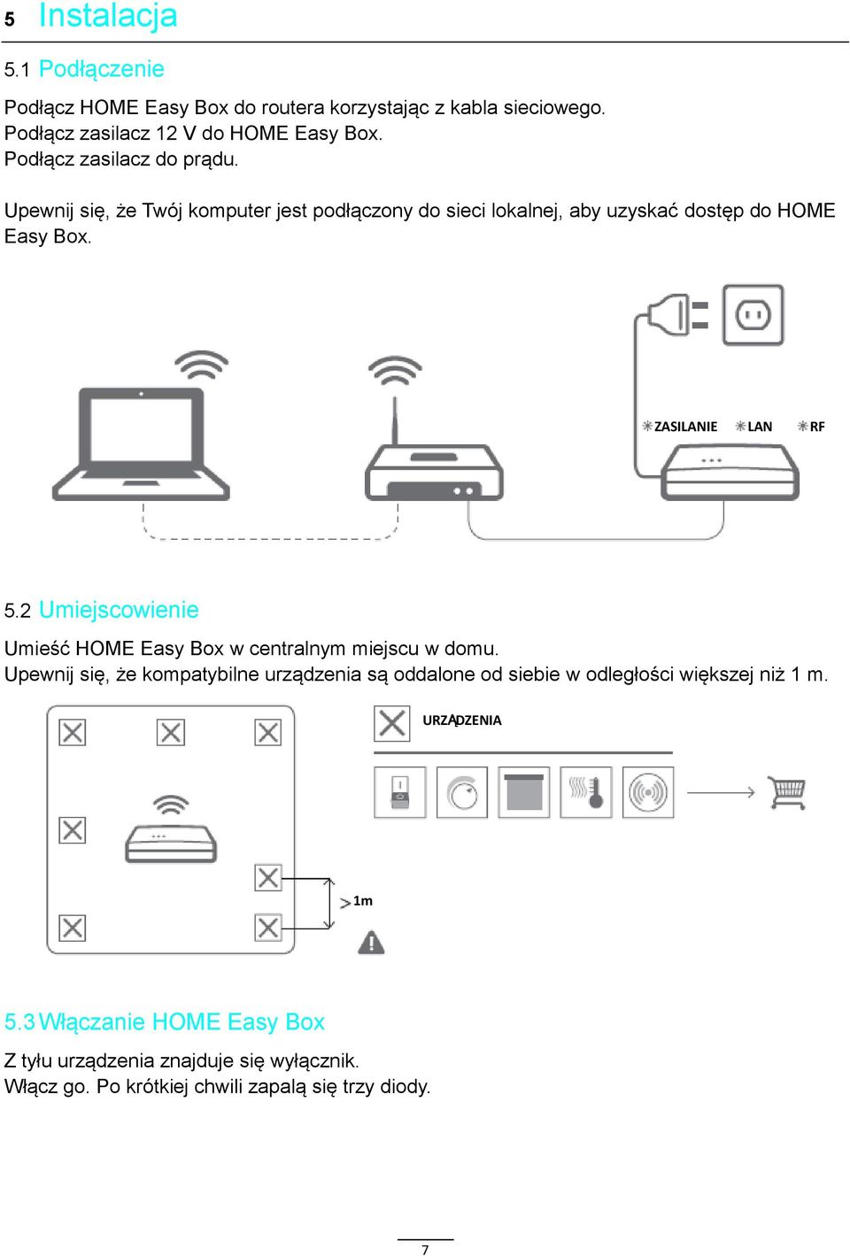 ZASILANIE LAN RF 5.2 Umiejscowienie Umieść HOME Easy Box w centralnym miejscu w domu.