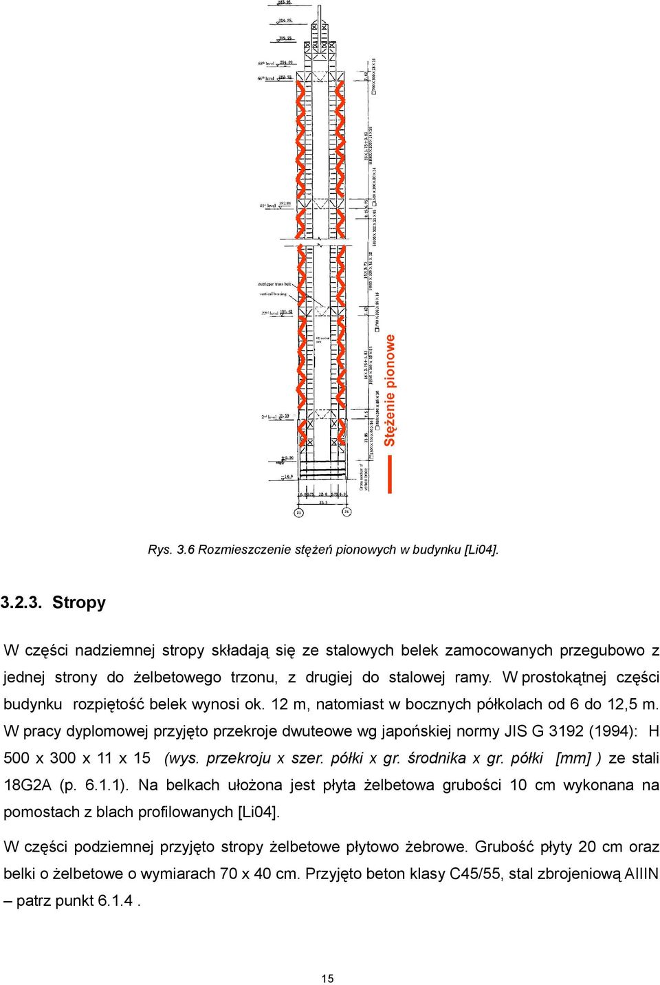 W pracy dyplomowej przyjęto przekroje dwuteowe wg japońskiej normy JIS G 319 (1994): H 500 x 300 x 11 x 15 (wys. przekroju x szer. półki x gr. środnika x gr. półki [mm] ) ze stali 18GA (p. 6.1.1).