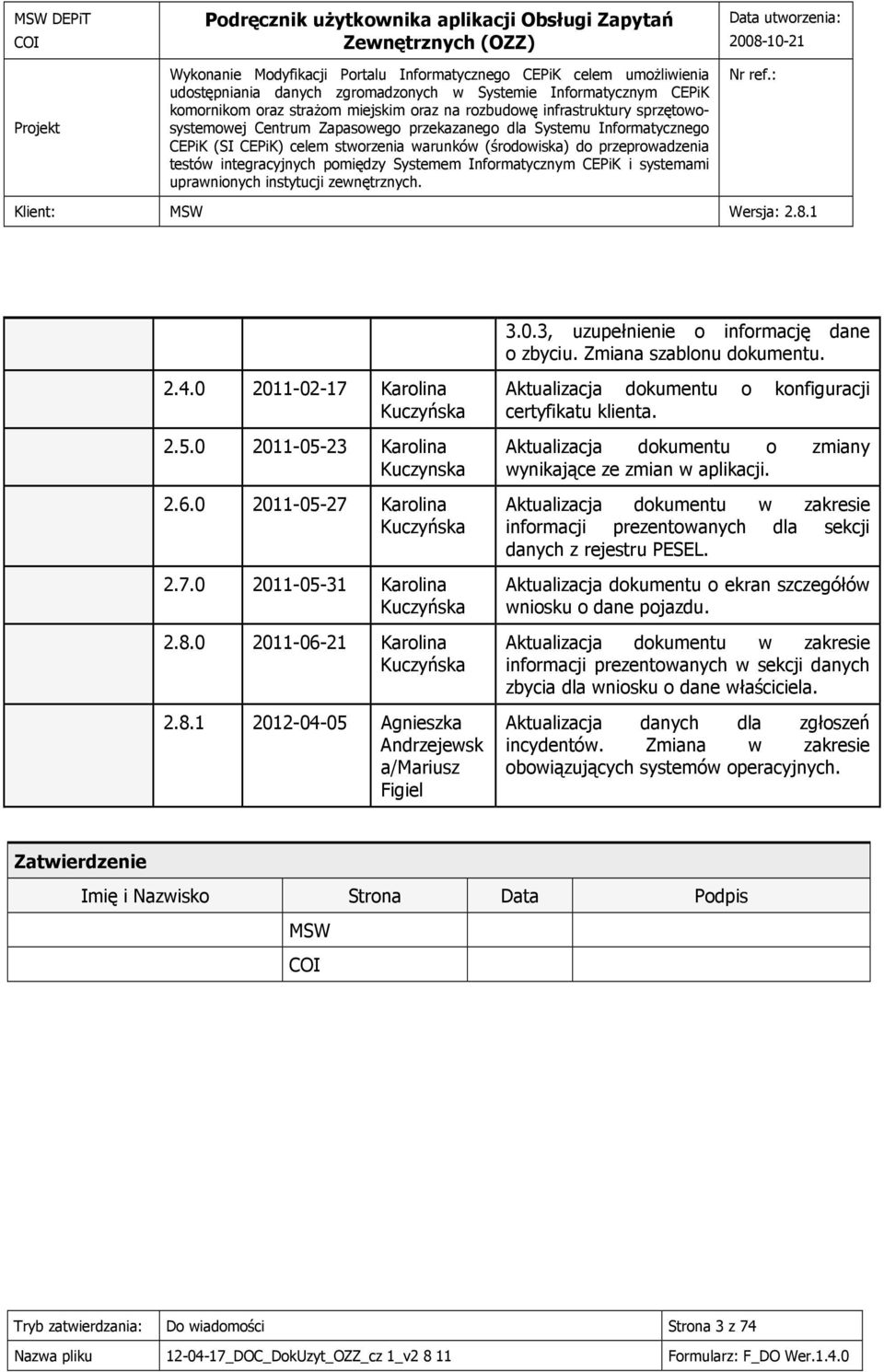 Aktualizacja dokumentu o zmiany wynikające ze zmian w aplikacji. Aktualizacja dokumentu w zakresie informacji prezentowanych dla sekcji danych z rejestru PESEL.