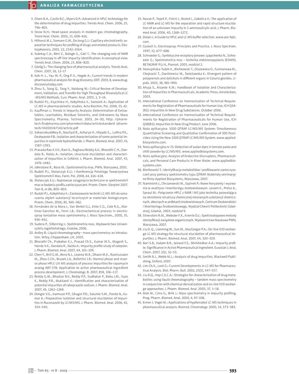 2001, 22, 2542 2564. 6. Szántay C.Jr., Béni Z., Balogh G., Gáti T.: The changing role of NMR spectroscopy in off-line impurity identification: A conceptual view. Trends Anal. Chem. 2006, 25, 806 820.