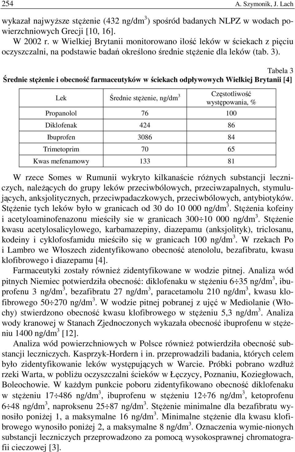 Tabela 3 Średnie stęŝenie i obecność farmaceutyków w ściekach odpływowych Wielkiej Brytanii [4] Lek Średnie stęŝenie, ng/dm 3 Częstotliwość występowania, % Propanolol 76 100 Diklofenak 424 86