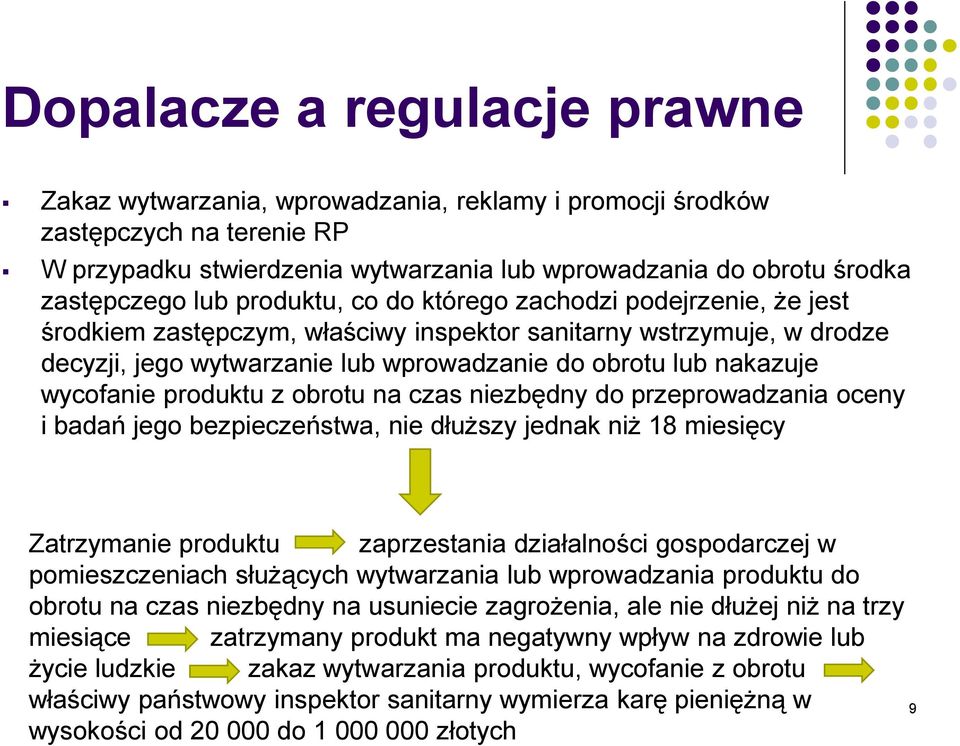 wycofanie produktu z obrotu na czas niezbędny do przeprowadzania oceny i badań jego bezpieczeństwa, nie dłuższy jednak niż 18 miesięcy Zatrzymanie produktu zaprzestania działalności gospodarczej w