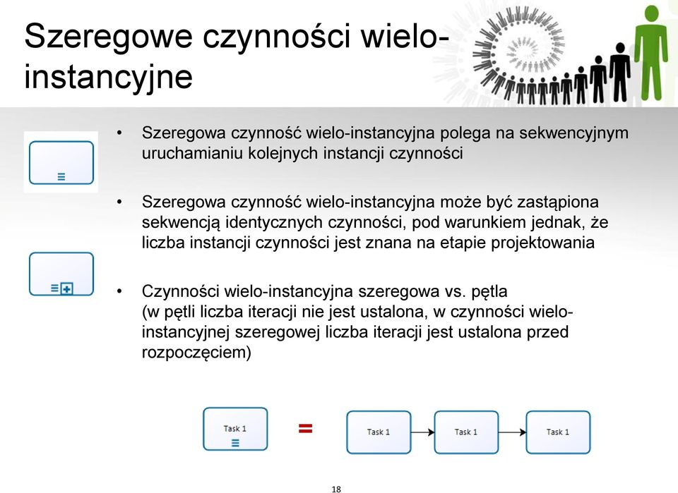 jednak, że liczba instancji czynności jest znana na etapie projektowania Czynności wielo-instancyjna szeregowa vs.