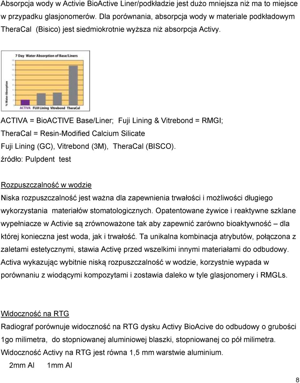 ACTIVA = BioACTIVE Base/Liner; Fuji Lining & Vitrebond = RMGI; TheraCal = Resin-Modified Calcium Silicate Fuji Lining (GC), Vitrebond (3M), TheraCal (BISCO).